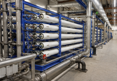 Membrane filtration skids inside a water treatment facility